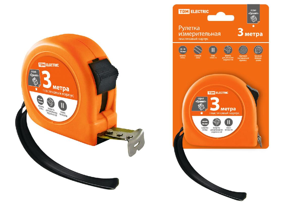 Рулетка TDM  3м/16 мм пластиковый  корпус "Гранит"