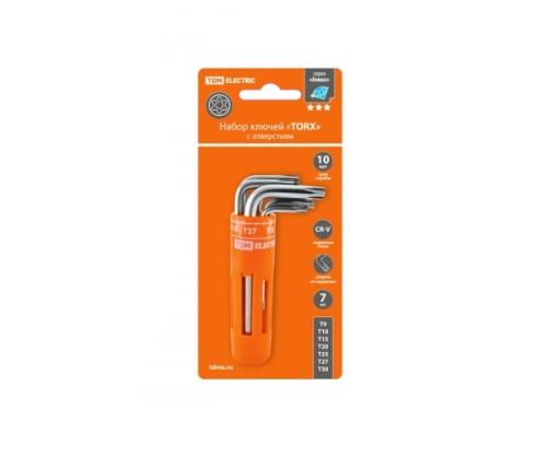 Набор ключей имбусовых TDM TORX (звездочки) с отверстием 7 штук: T9-T30 (круглый держатель в блистере), CR-V сталь "Алмаз"