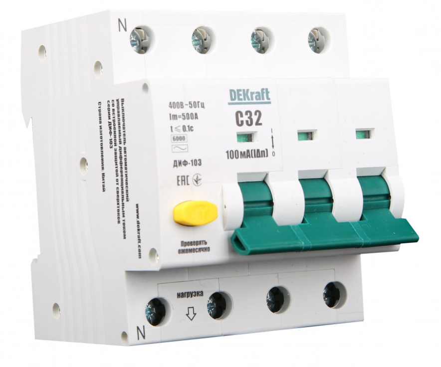 Дифференциальный автомат  3П+N  25А  100мА  DEKraft  тип A  характеристика С  АВДТ  ДИФ-103  6кА